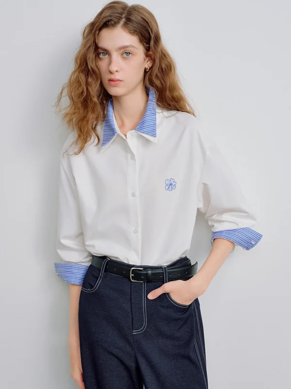 TOYOUTH Women Shirts 2026 Spring New Pure Cotton Striped Double Layer Collar Niche Design Floral Embroidered Casual Shirt Tops