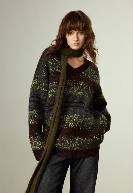 TOYOUTH Women Tops Winter New Fair Isle Pattern Striped V neck Loose Mid length Fleece like Cashmere Sweaters