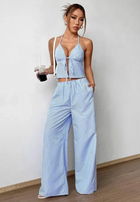 Trendy Striped Lace-Up Cami & Wide Leg Pants Set for Women