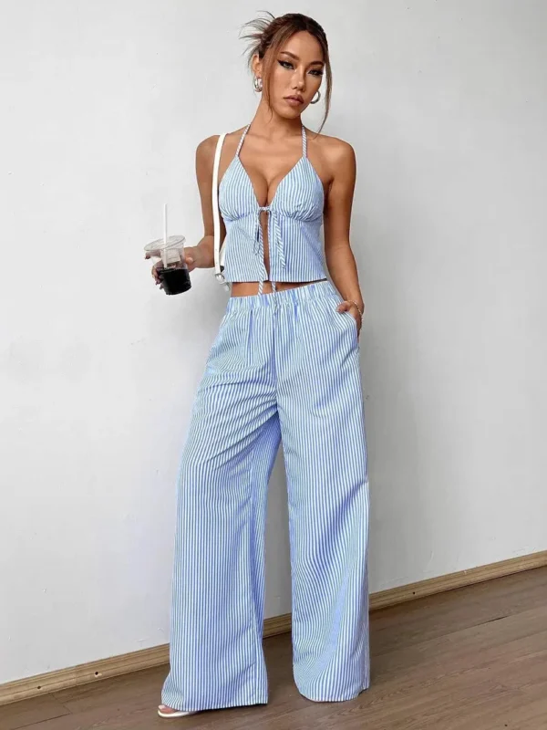 Trendy Striped Lace-Up Cami & Wide Leg Pants Set for Women