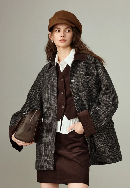 TOYOUTH Women Coat Winter New 100% Sheep Wool Corduroy Plaid Patterned Patchwork Woolen Coat