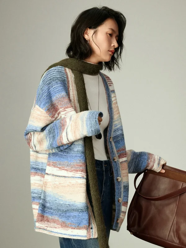 Moopsi 35 Toyouth Women'S Gradient Marled Yarn Stripe Sweater Winter New V Neck Loose Lazy Romantic Cardigan Coat