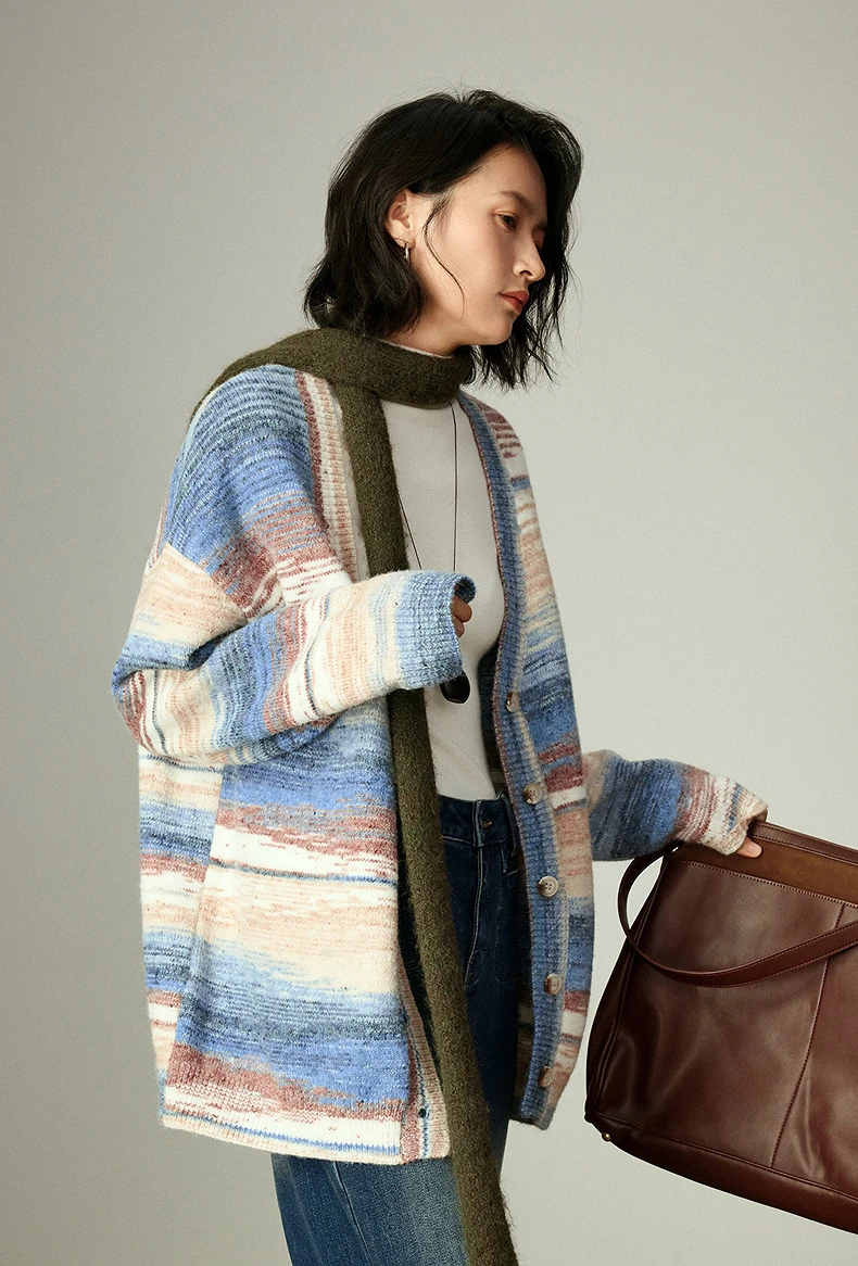 Kf-Sbac9613921074E7Fb6197Df053D07B1Az Toyouth Women'S Gradient Marled Yarn Stripe Sweater Winter New V Neck Loose Lazy Romantic Cardigan Coat