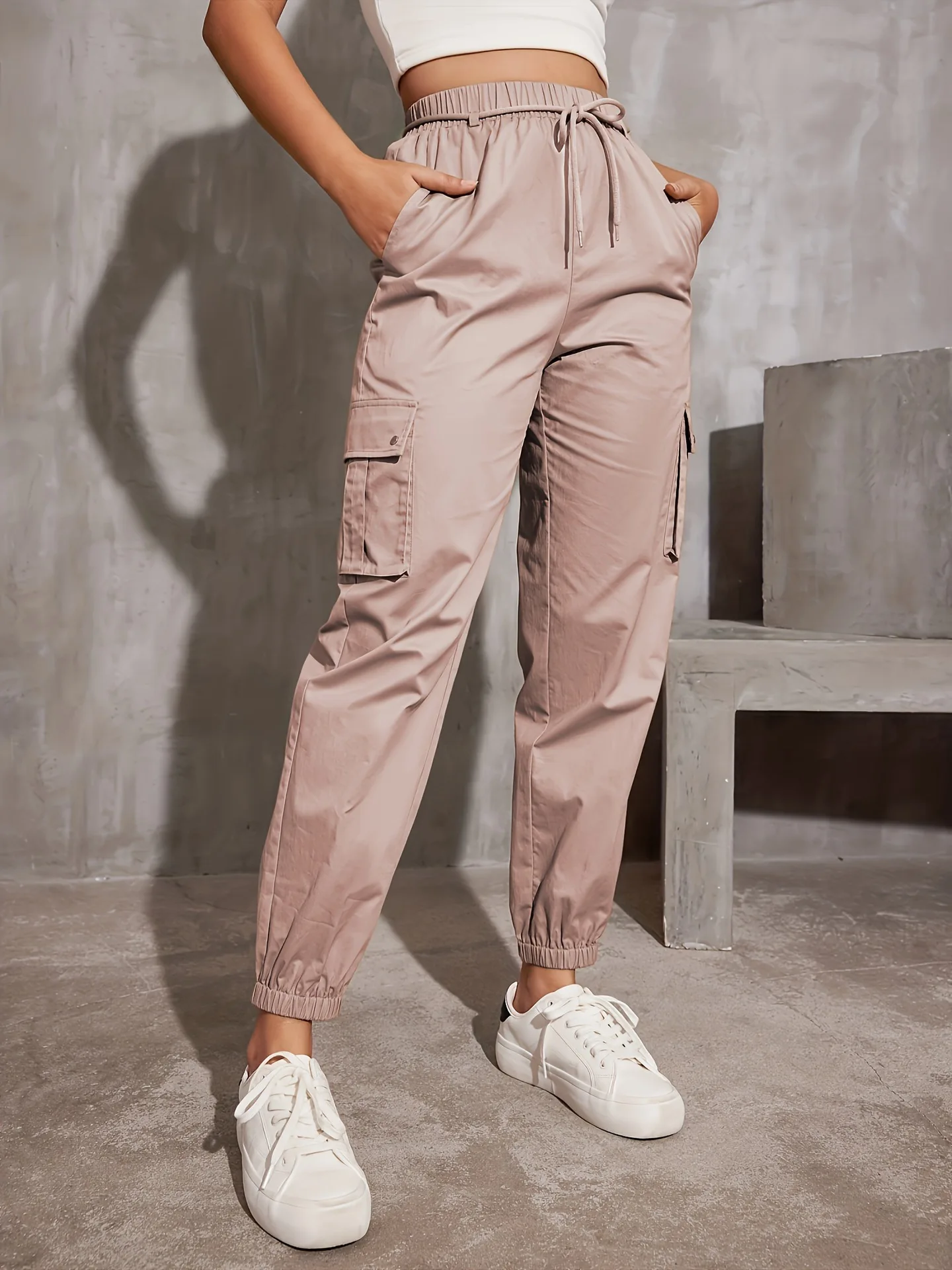 kf-Sbc36f396f0044923902607596a12862aK Casual Pocket Cargo Pants Female Elastic Band Waist Pants For Women High Waist Running Pants Ladies Autumn Sports Trousers