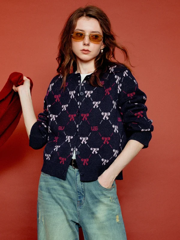 Moopsi 59 TOYOUTH Women Core Spun Yarn Knit Cardigans 2026 Spring New Crew Neck Bow Monogram Jacquard Tops