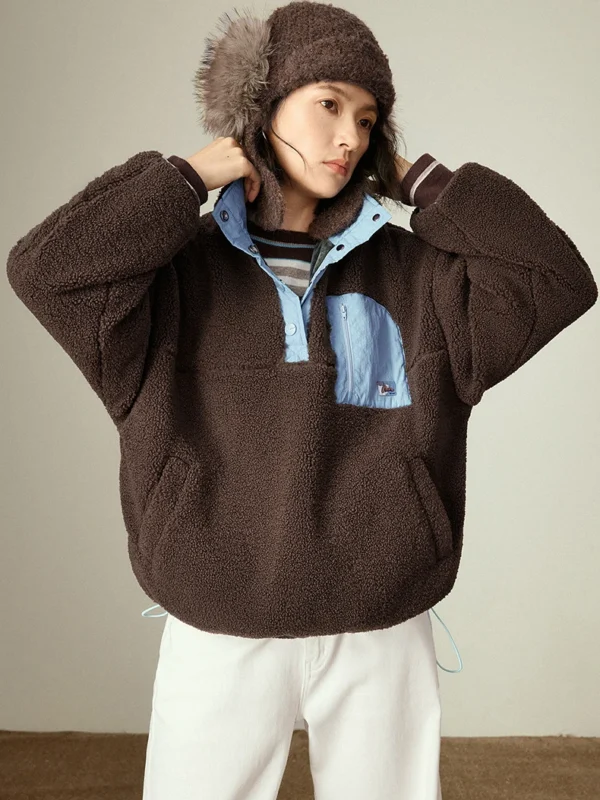 TOYOUTH Women Cotton Coats Winter New High Neck Color blocking Dark Coffee Double sided Fleece Warm Cotton Outerwear