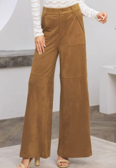Casual Brown Suede Wide Leg Long Suit Pants Women Winter Button High Waist Pant lady Elegant Pocket Business Office Trouser