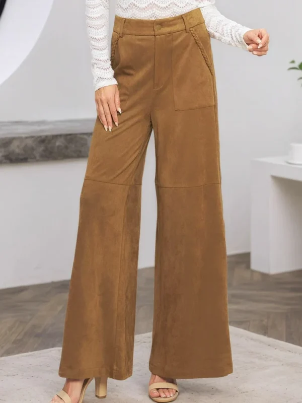 Casual Brown Suede Wide Leg Long Suit Pants Women Winter Button High Waist Pant lady Elegant Pocket Business Office Trouser