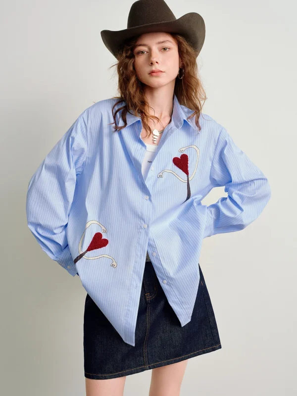 Moopsi 29 TOYOUTH Women Light Blue Striped Shirts 2026 Spring New Fun Anthropomorphic Heart Pattern Age Reducing Blouses Tops