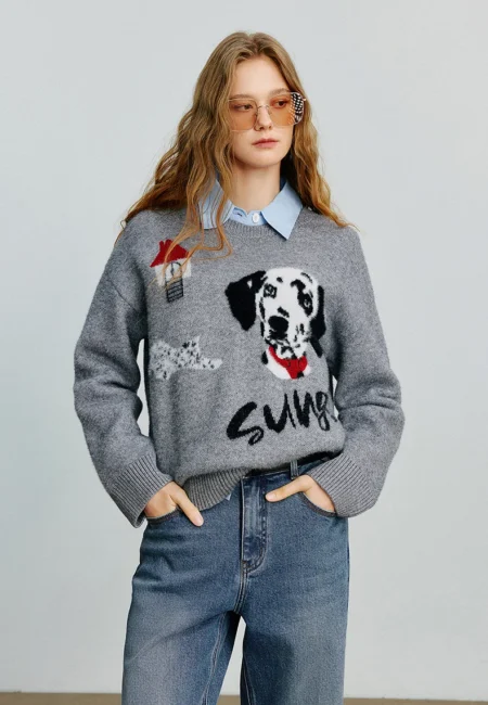 TOYOUTH Women Knitted Sweater Autumn New Dog Jacquard Retro Warm Pullover Sweater Gray
