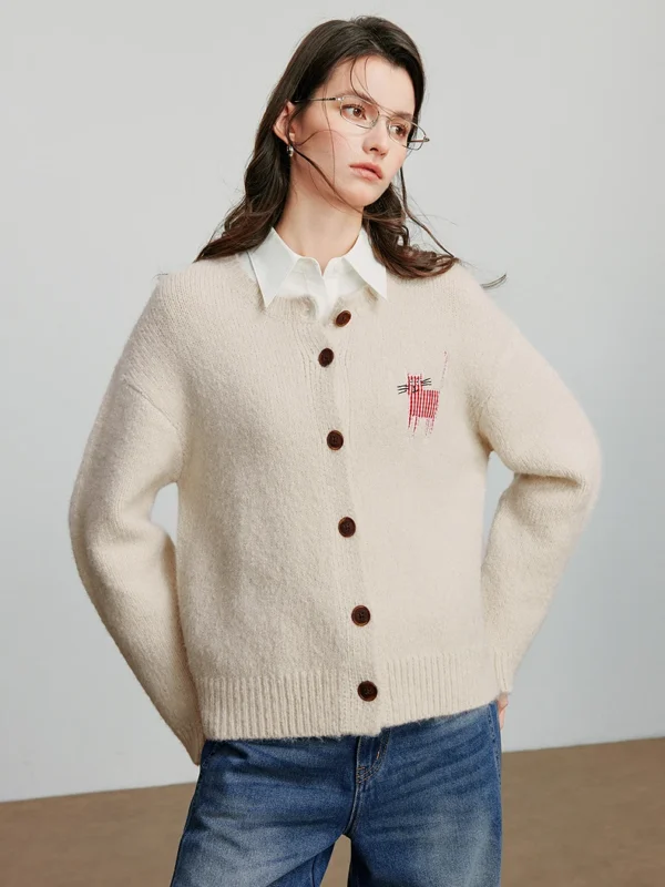 TOYOUTH Women Knitted Sweater Autumn New Cat Patchwork Embroidered Single Breasted Button Wool Cardigan Tops