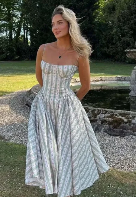 YENKYE Green Striped Floral Print Spaghetti Straps Dresses Women Elegant A line Midi Vacation Party Dresses Summer Robe