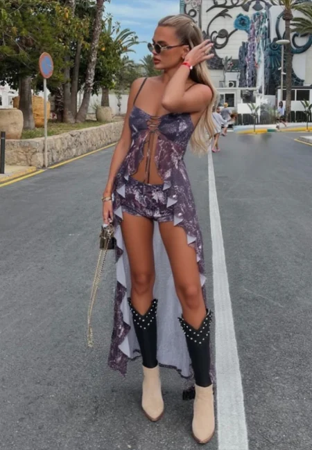 Trendy Backless Halter Dress Set Women Spring Printed Outfit