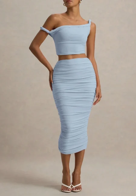 Blue One Shoulder Midi Dress Natural Fiber Cocktail Party Set