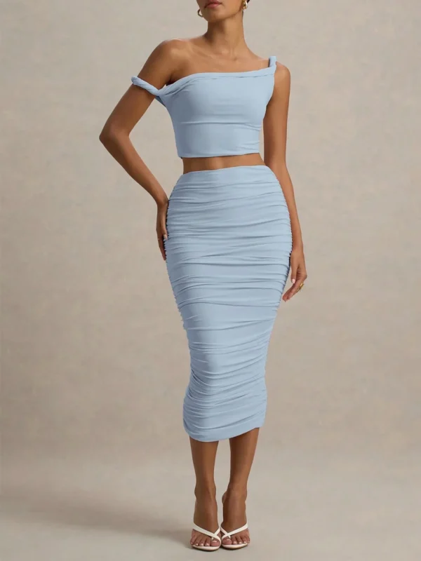 Blue One Shoulder Midi Dress Natural Fiber Cocktail Party Set