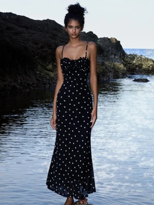 New Women's Summer INS French Style Fit Backless Polka Dot Suspender Dress Spicy and Street Style Long Skirt