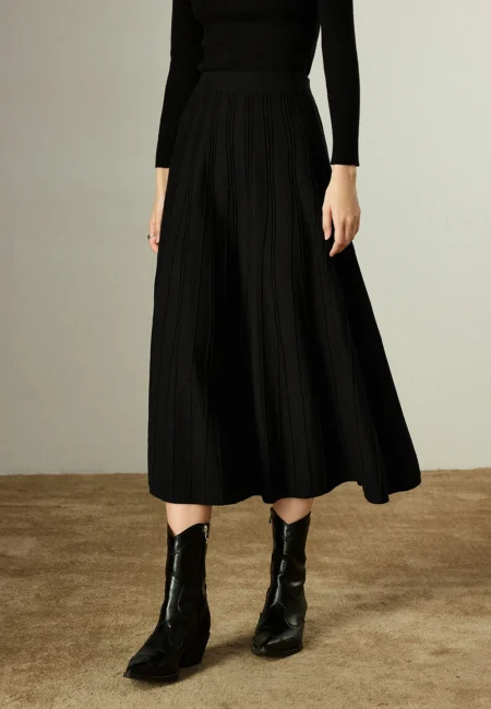 Flared Ribbed Knit Midi Skirt Black Elastic Waist Winter Essential