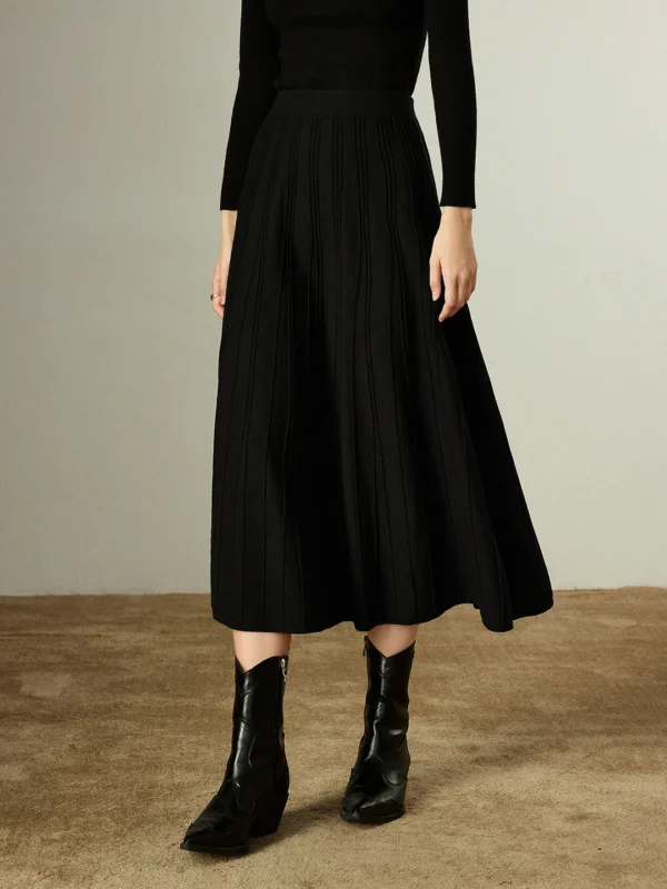Flared Ribbed Knit Midi Skirt Black Elastic Waist Winter Essential
