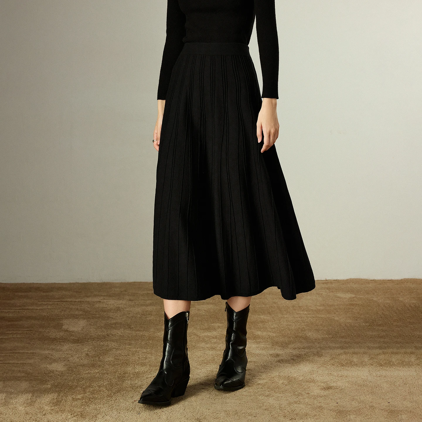 Kf-Scaeddc73Deb243Eaaef61Af0C78A2E41A Flared Ribbed Knit Midi Skirt Black Elastic Waist Winter Essential