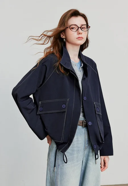 TOYOUTH Women Jacket Coat Autumn New Barn Style Workwear Large Pocket Stand up Collar Single Breaste Button Outwear Coat