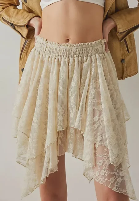 Romantic Floral Lace Mini Skirt Asymmetric Hem Party Ready