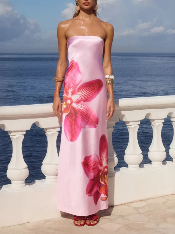 Summer Fashion New Elegant Women's Satin Print Strapless One Shoulder Tight Backless Party Dress