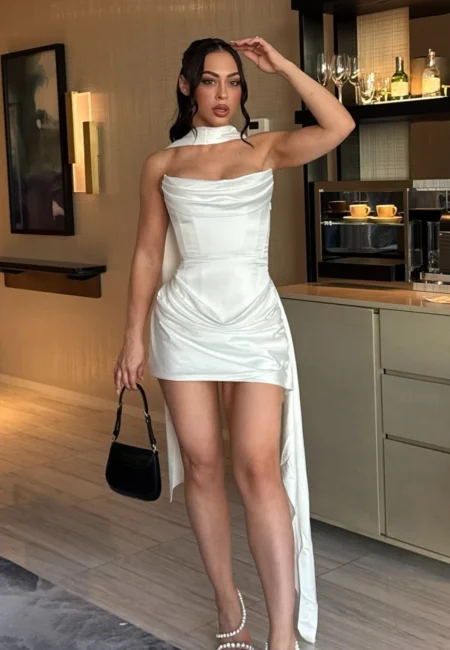 Luxurious Satin Corset Dress Strapless Asymmetrical Scarf