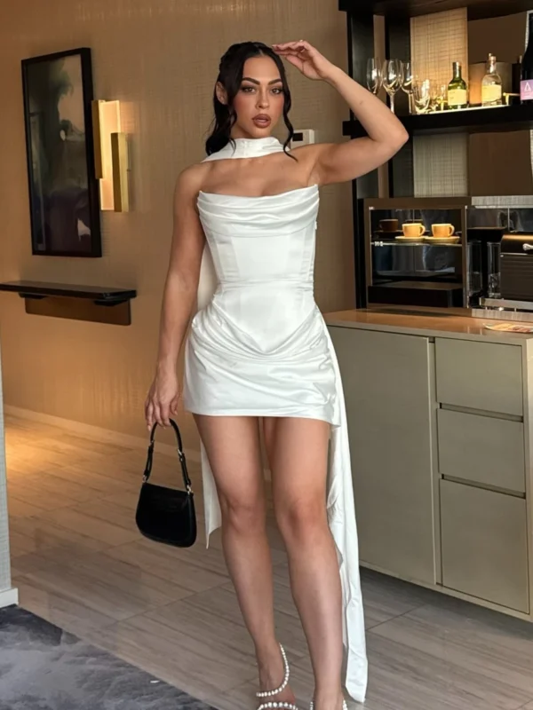 Luxurious Satin Corset Dress Strapless Asymmetrical Scarf