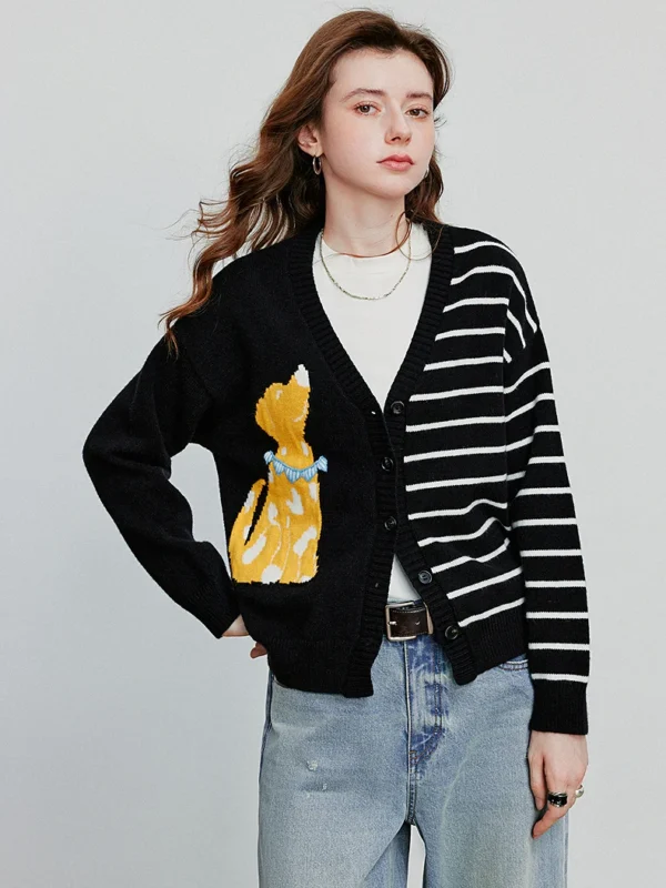 TOYOUTH Women Knitted Cardigan Autumn New Color Contrasting Dog Jacquard V Neck Irregular Long Sleeve Sweater Tops