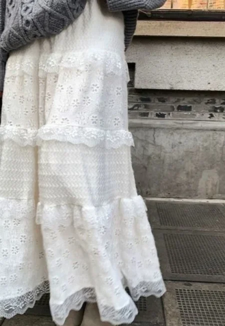 French Lace Midi Skirt High Waisted Tiered Cake Design Women
