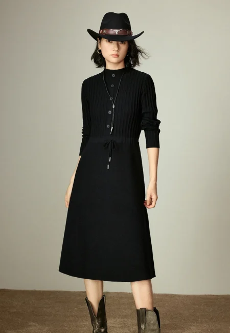 TOYOUTH Women Dresses Winter New Ribbed Thick Warm fitting & ming Black Swan Knitted Dresses