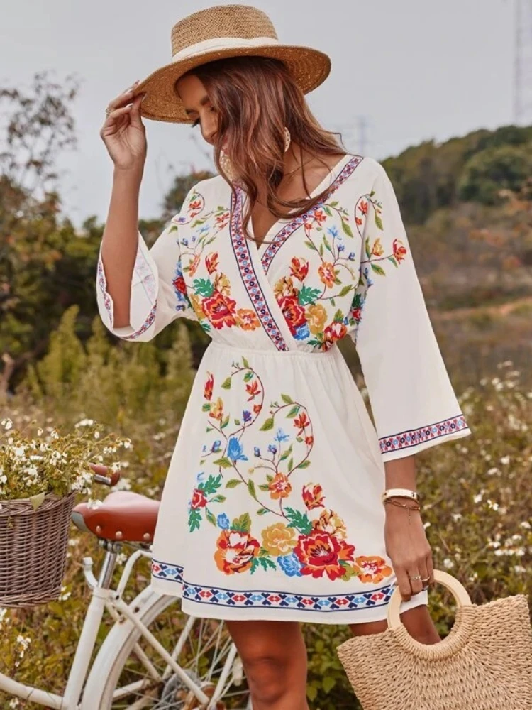 kf-Sce779ff7233c4545bb74f205a64da643V Summer Fashion New Bohemian Style Dress Vintage V neck Tie Waist Vacation Style Beach Ethnic Style Knee Length Skirt