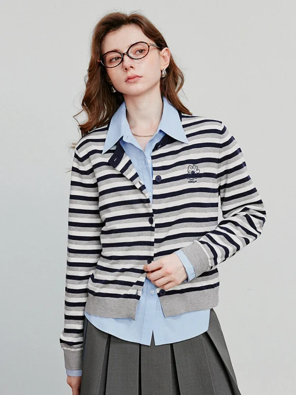 TOYOUTH Striped Knitted Sweater Autumn New Round Neck Single Breasted Button Retro Casual Cardigan Tops