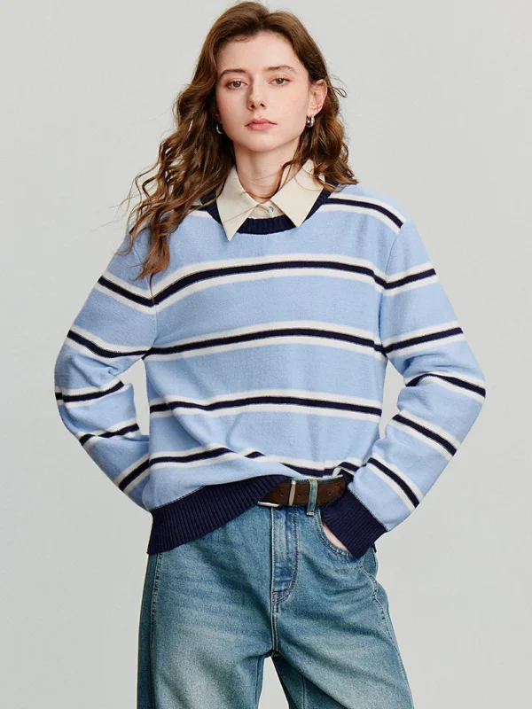 Moopsi 31 TOYOUTH Women Knitted Sweater Autumn New Vintage Striped Long Sleeve Round Neck Woolen Pullover Tops