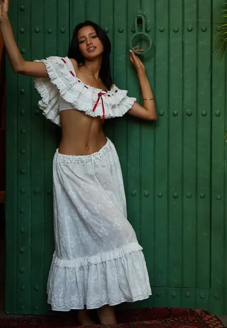 Boho White Cotton Maxi Skirt Embroidered Beach A-Line Summer