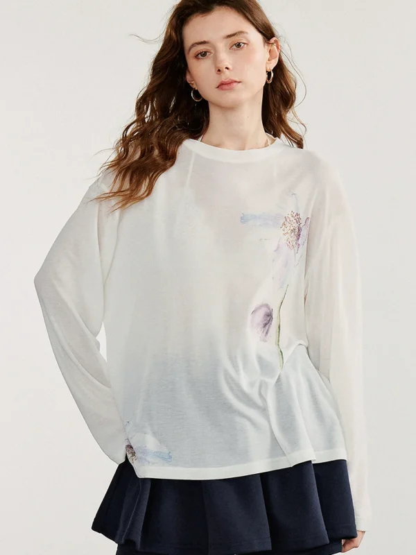 Moopsi 29 Toyouth Women Long Sleeve T Shirt Autumn New Lyocell Wool Watercolor Blend Green Velvet Loose Pullover Tops