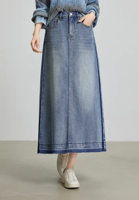 TOYOUTH Women Denim Skirt Autumn New Contrasting Color Open Back Split Cotton Mid Length A Line Skirt