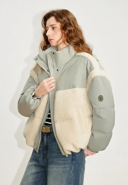 TOYOUTH Women Down Jackets Winter New Wheat Ear Fleece Spliced Oxford Fabric Puffy Lightweight Casual Outerwear