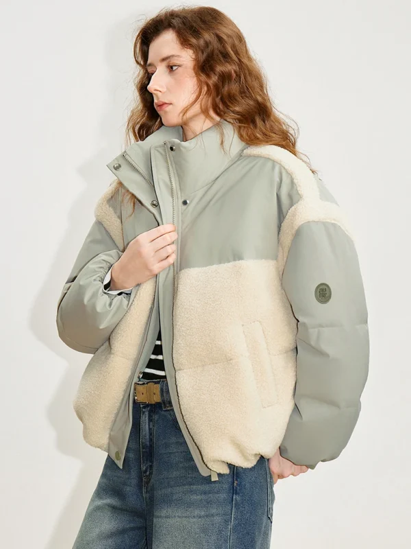 TOYOUTH Women Down Jackets Winter New Wheat Ear Fleece Spliced Oxford Fabric Puffy Lightweight Casual Outerwear