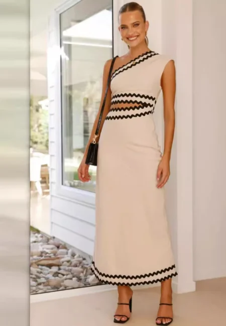 Summer Fashion Women's Elegant Splicing Dress Vacation Style Diagonal Shoulder Long Lace Fake Two Piece Dress