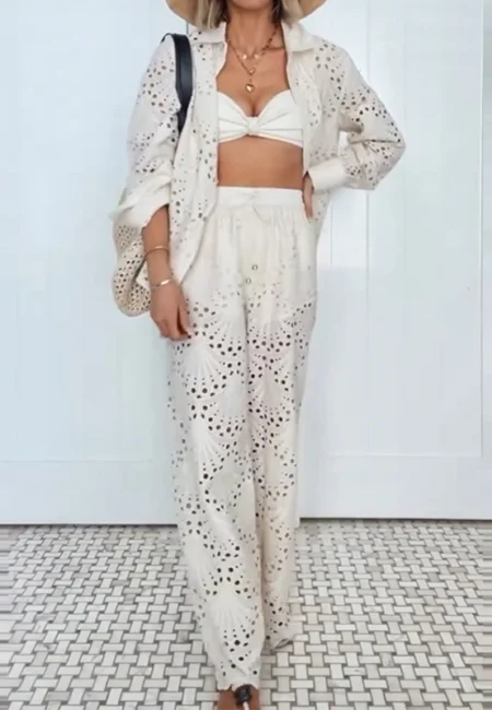Lace Hollow Out Long Sleeved Shirt Outfit Vacation Loose Elastic Waist Tie Up Pants Suit Women's Fashion Bohemian Two Piece Set
