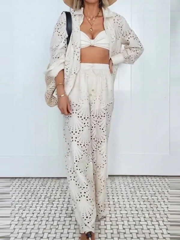 Lace Hollow Out Long Sleeved Shirt Outfit Vacation Loose Elastic Waist Tie Up Pants Suit Women's Fashion Bohemian Two Piece Set