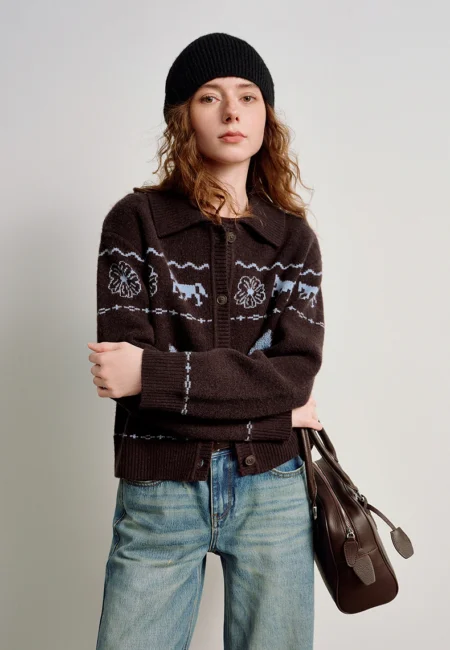 TOYOUTH Women Year of the Horse Jacquard Sweaters 2026 Spring New Arctic Fleece Vintage Coffee Green Gentian Cardigan Jackets