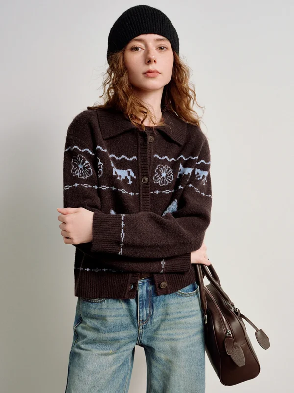 TOYOUTH Women Year of the Horse Jacquard Sweaters 2026 Spring New Arctic Fleece Vintage Coffee Green Gentian Cardigan Jackets