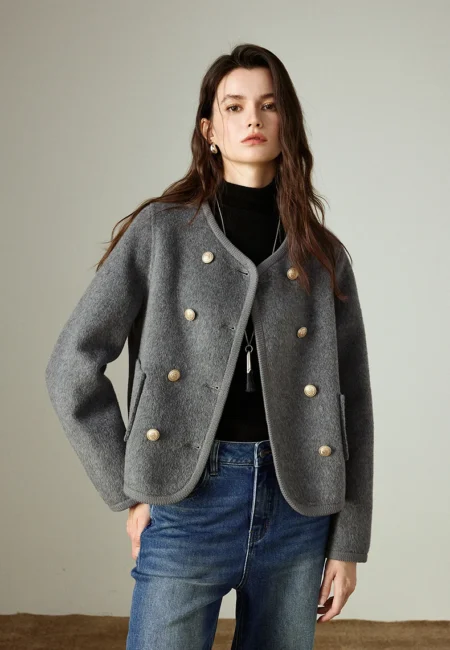 TOYOUTH Women Double Faced Wool Coats Autumn New Double Breasted Short Style Wool Double Faced Knitted Tops