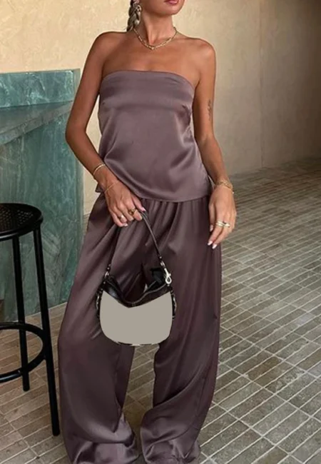 Women Satin Tube Top Pants Set 2 Piece Backless Lace Up Crop Tops Wide Leg Pants Y2k Coquette Clubwear Party Matching Outfits