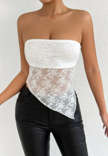 Fairyshely Summer Off Shoulder Strapless Lace Top Women Bandeau Bodycon Short Tops Lady Sleeveless Club Party Clothes