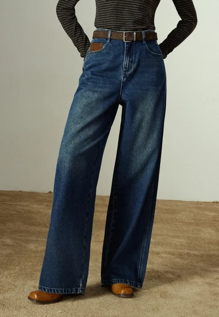 TOYOUTH Women Wide Leg Pants Winter New Split Design Contrast Color Splicing Structured Heavy Denim Cotton Like Jeans