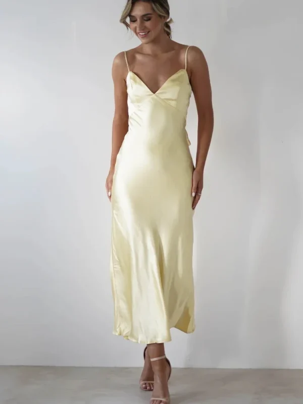 Summer Fashion New Women's Elegant and Vacation Style Satin Strap V neck Backless Waist Collection Long Dress