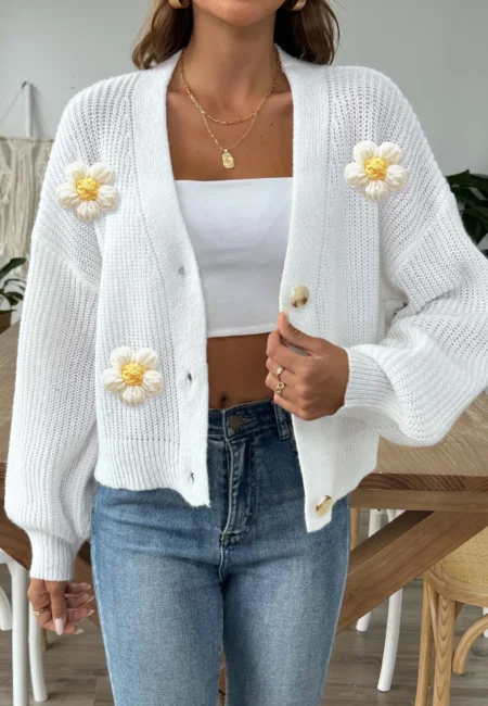 Winter White Flower Short Sweater Cardigan Women Single Breasted Cropped Cardigan Lady Long Sleeve Knitted Coat Outwears